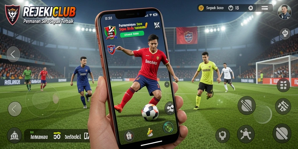 Tampilan gameplay menarik dari REJEKICLUB dalam aksi sepak bola.
